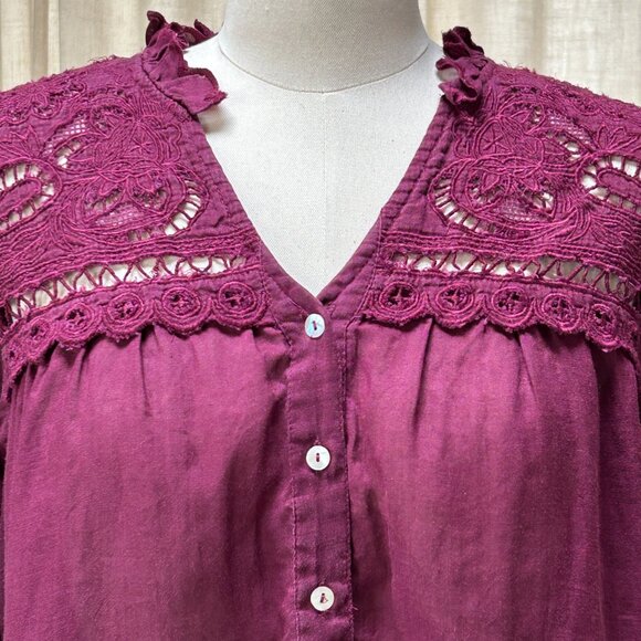 Boho Cottagecore Flowy Lace Blouse Romantic Puff Sleeve Ramie Plum Sundance, XS - Picture 2 of 15